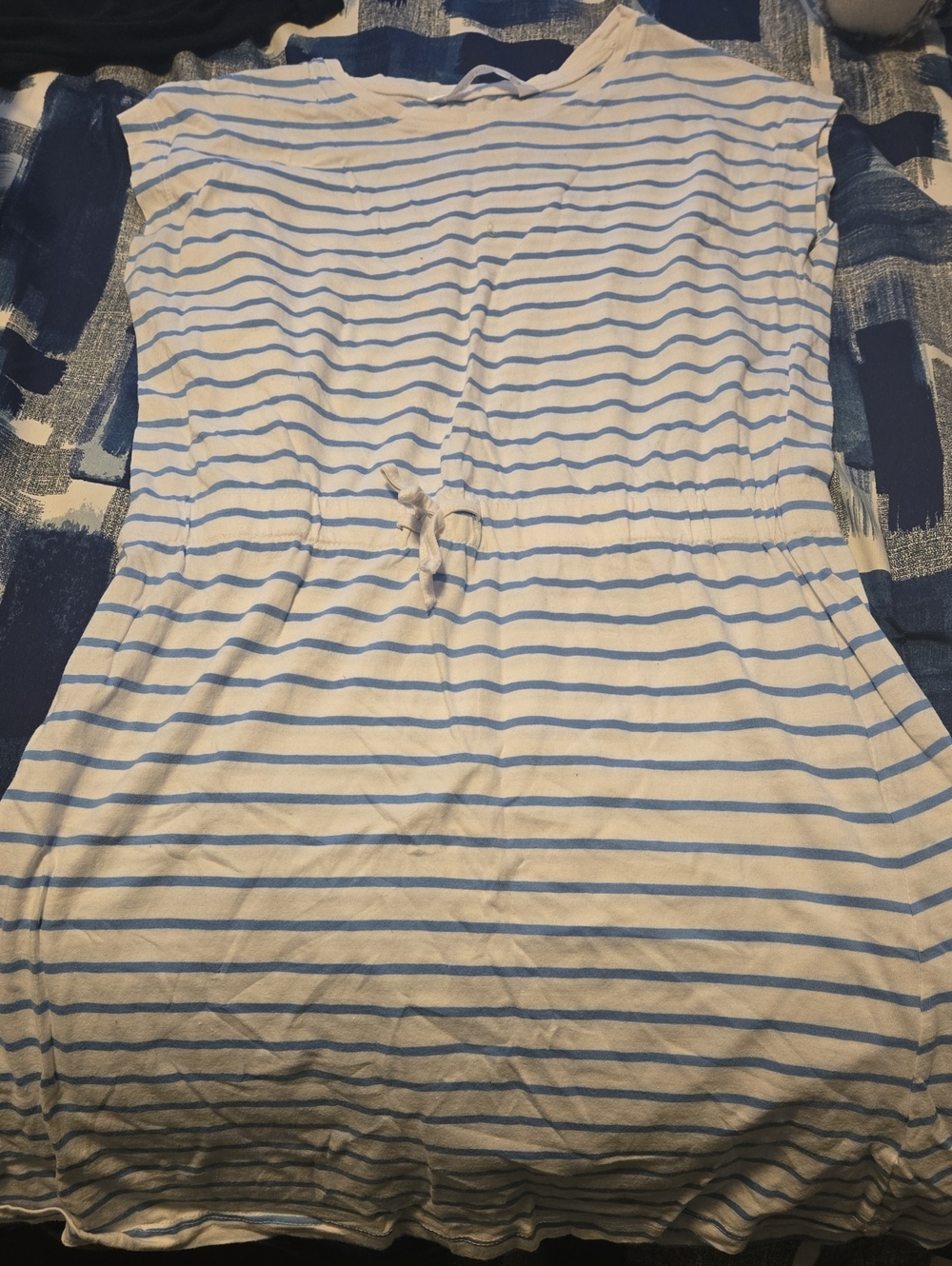 Girl's White & Light Blue Striped Tie-Waist Dress